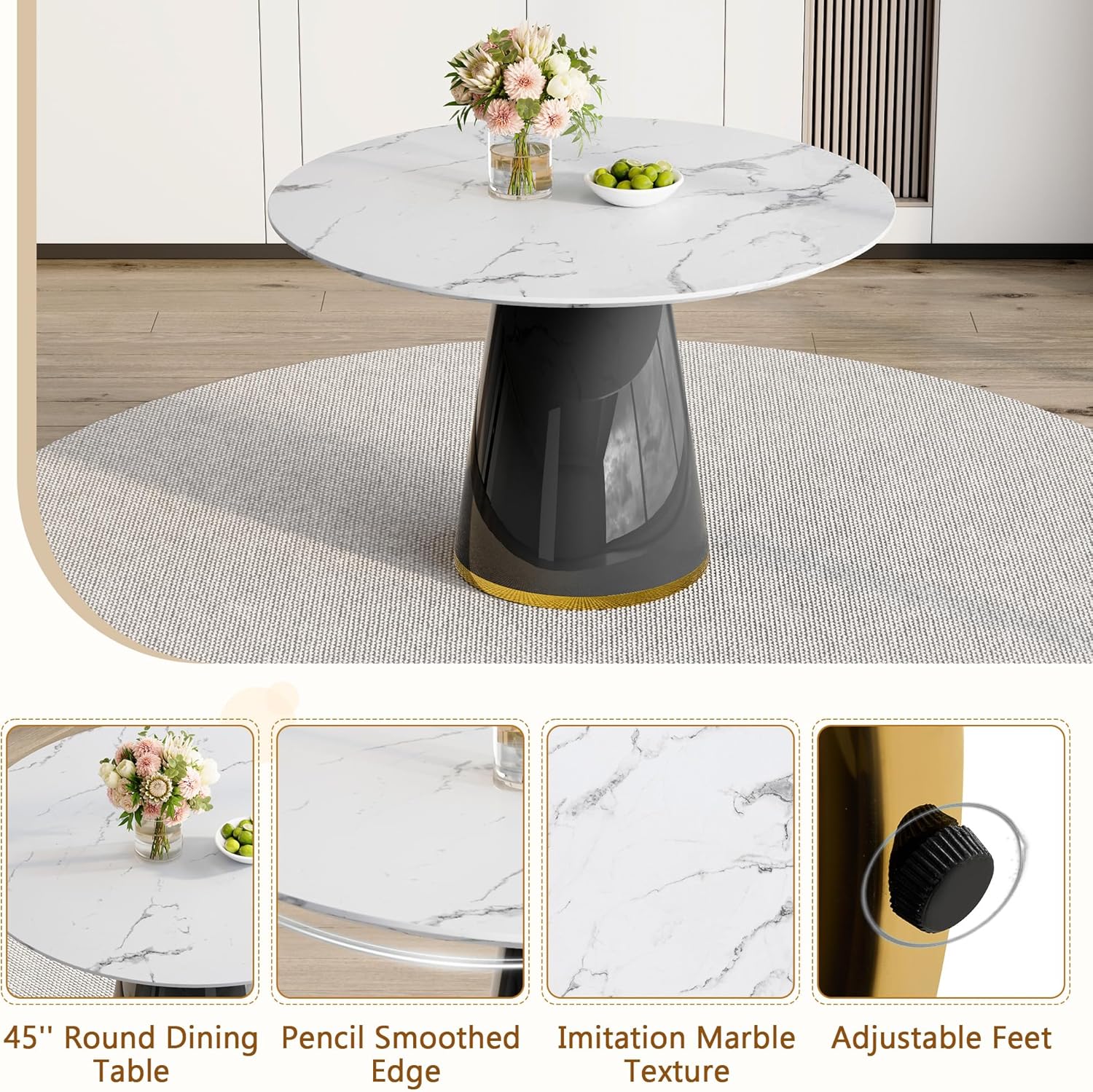 Round Dining Table Set for 4, 45''Marble Grain Dining Room Table Set for 4 with Upholstered Chairs, Modern Dinner Table Set for Kitchen Dining Room