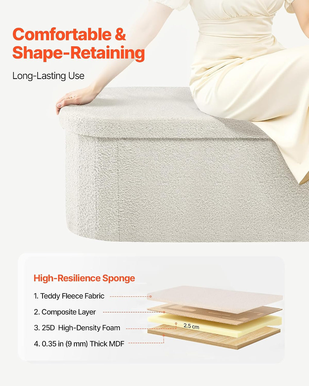 VEVOR Oval Storage Ottoman Bench, Foldable Teddy Fleece End of Bed Bench, Folding Upholstered Bed Ottoman Chest with Large Storage Space, Supports 660 lbs, for Living Room, Bedroom, Entryway, Beige