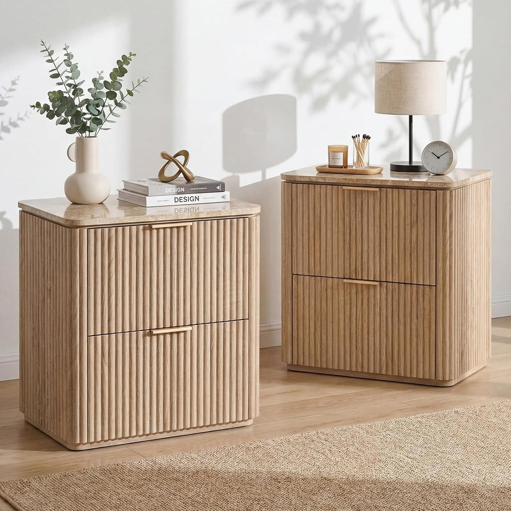 Fluted Nightstands Set 2 with Faux Marble Top, Modern Bedside Table | FSC-Certified Engineered Wood, 24" H, 2 Drawers, Rounded Corner, Metal Handle, for Bedroom, Natural Oak