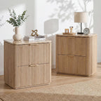 Fluted Nightstands Set 2 with Faux Marble Top, Modern Bedside Table | FSC-Certified Engineered Wood, 24" H, 2 Drawers, Rounded Corner, Metal Handle, for Bedroom, Natural Oak