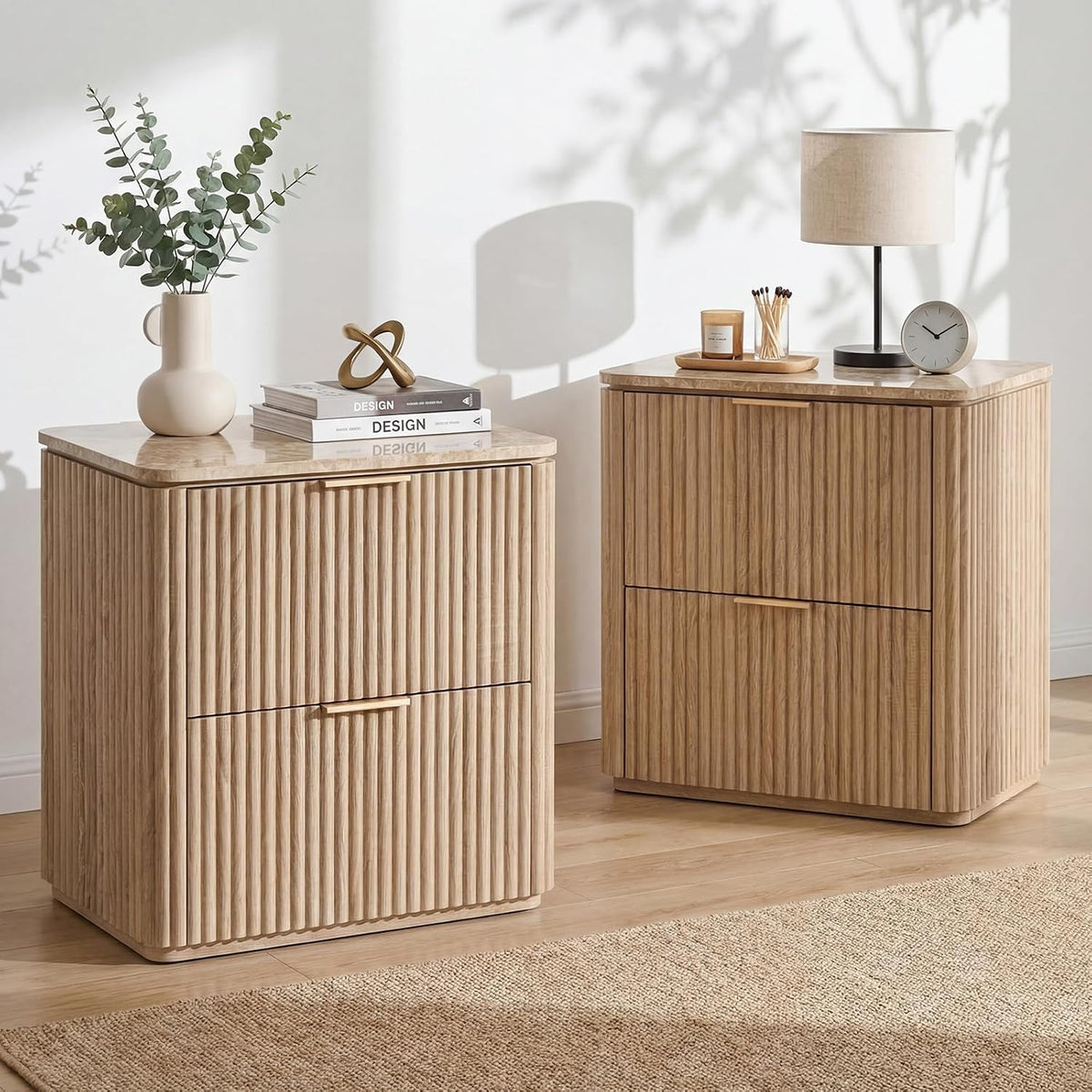 Fluted Nightstands Set 2 with Faux Marble Top, Modern Bedside Table | FSC-Certified Engineered Wood, 24" H, 2 Drawers, Rounded Corner, Metal Handle, for Bedroom, Natural Oak