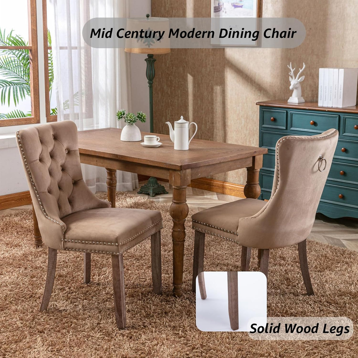 Espresso Brown Mid Century Modern Dining Chairs Set of 6, Velvet Upholstered Kitchen & Dining Room Chairs with Nailhead Trim & Solid Wood Legs, Elegant Sillas De Comedor (Coffee, 6 Pcs)