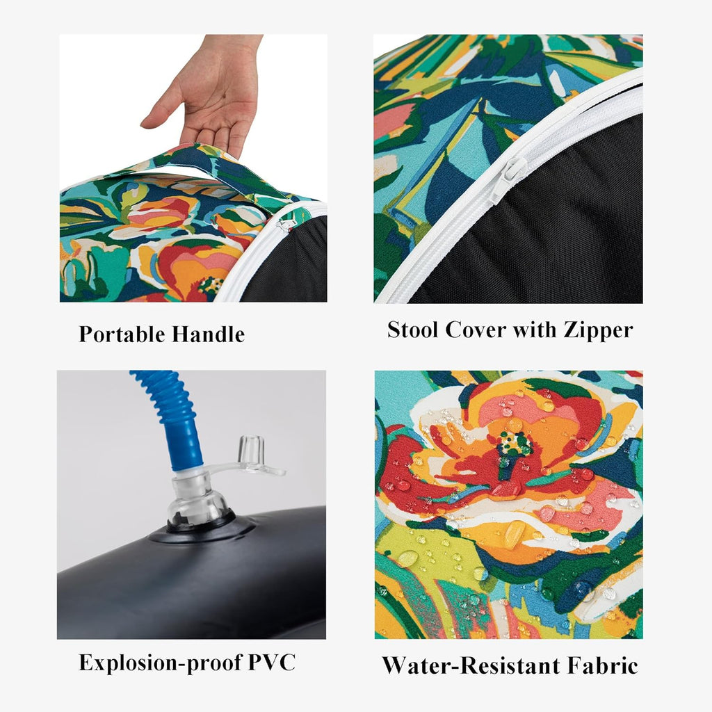 FUNHOME Inflatable Stool Ottoman Footrest with Handle, All Weather Footrest Seat D20 xH9, Water Repellent Footstool Pouf for Home Patio Garden and Camping Use-Rosario Flower Leaf