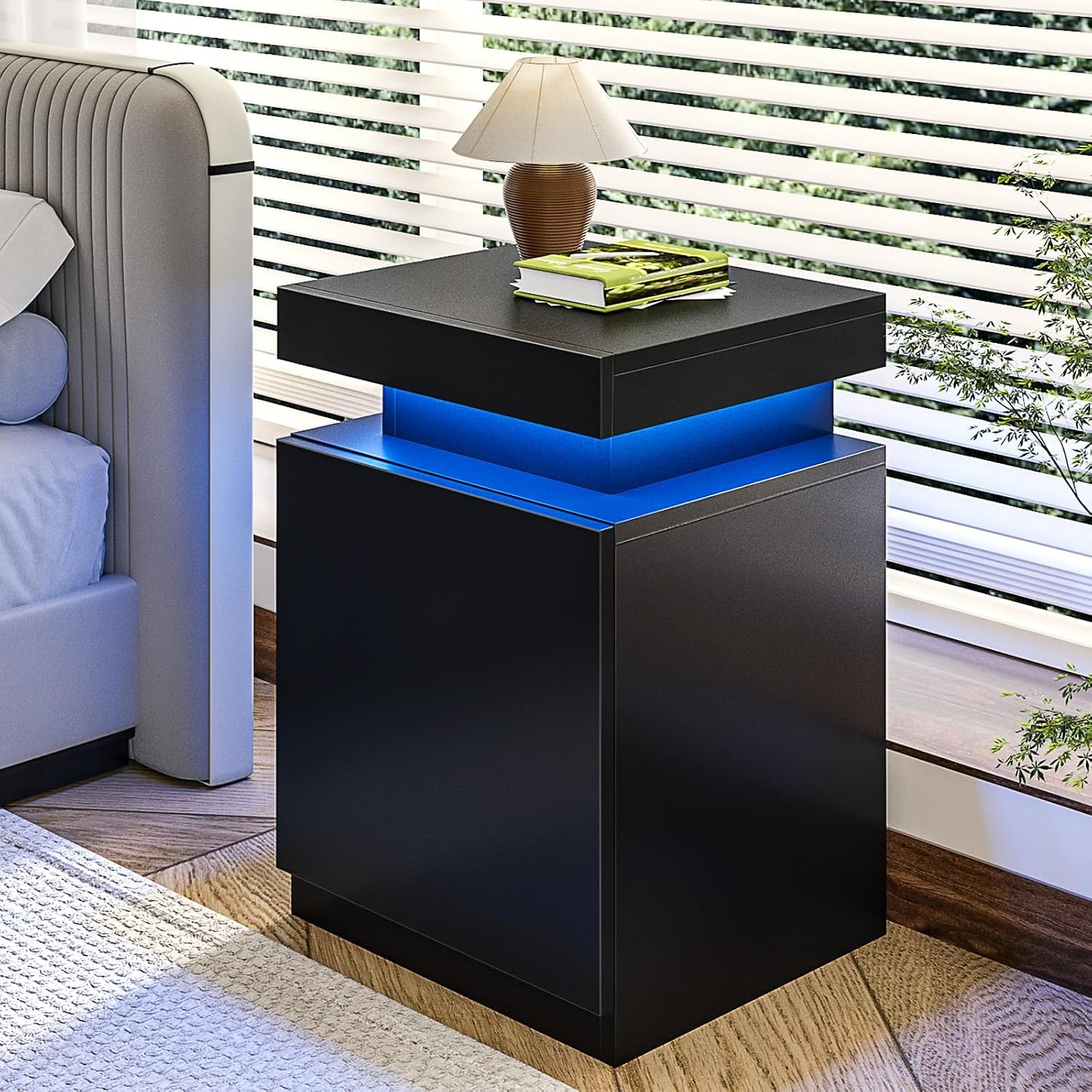 MXV Nightstand with LED Lights & Charging Station, Black Bedside Tables with USB Ports, Storage Cabinet & Drawers for Bedroom, Modern End Tables for Living Room(24 in Tall)