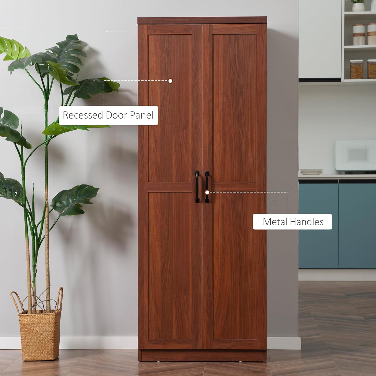 63" 2-Door Kitchen Pantry, Freestanding Storage Cabinet with 5-Tier Shelving and 2 Adjustable Shelves for Dining Room, Brown