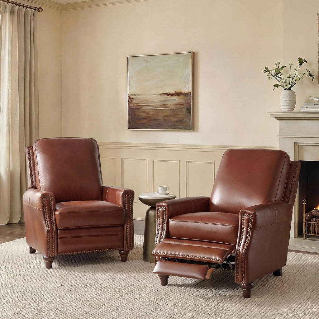 HULALA HOME Genuine Leather Manual Recliner Chairs Set of 2 with Adjustable Backrest & Footrest, Mid Century Modern Push Back Recliners with Nailhead Trim & Wood Legs, Brown