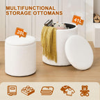 oakvivo Round Set of 2 Ottoman with Storage, Boucle Storage Ottoman Foot Stool, Soft Teddy Upholstered Small Vanity Stool, Ottomans Padded Seat Foot Rest for Living Room Bedroom, White