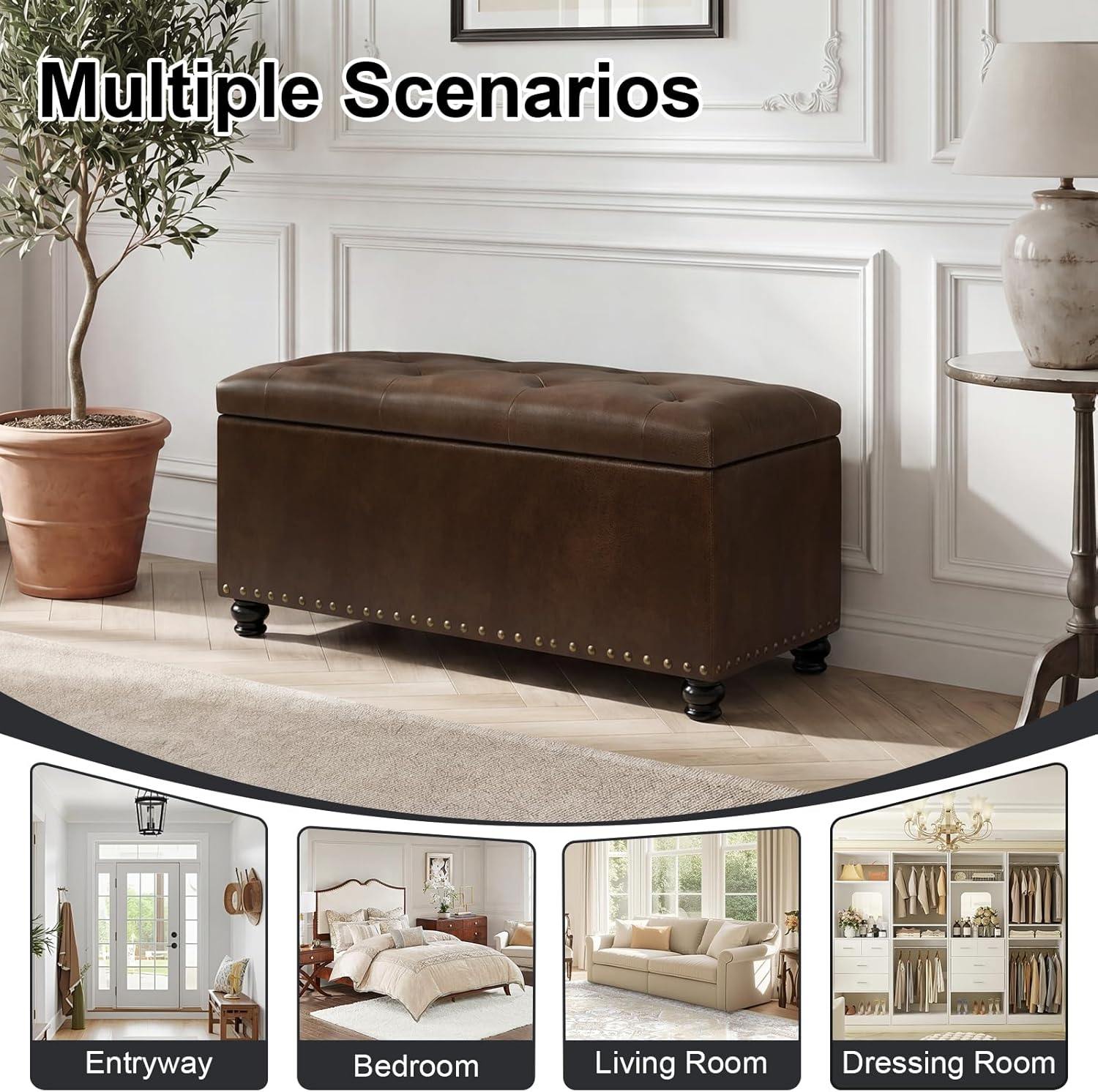 Asense Storage Ottoman Bench, Faux Leather Ottoman with Storage for Living Room Bedroom, Multi-Functional Storage Chest Foot Rest, Upholstered Bench for End of Bed, Entryway, 35.4" W