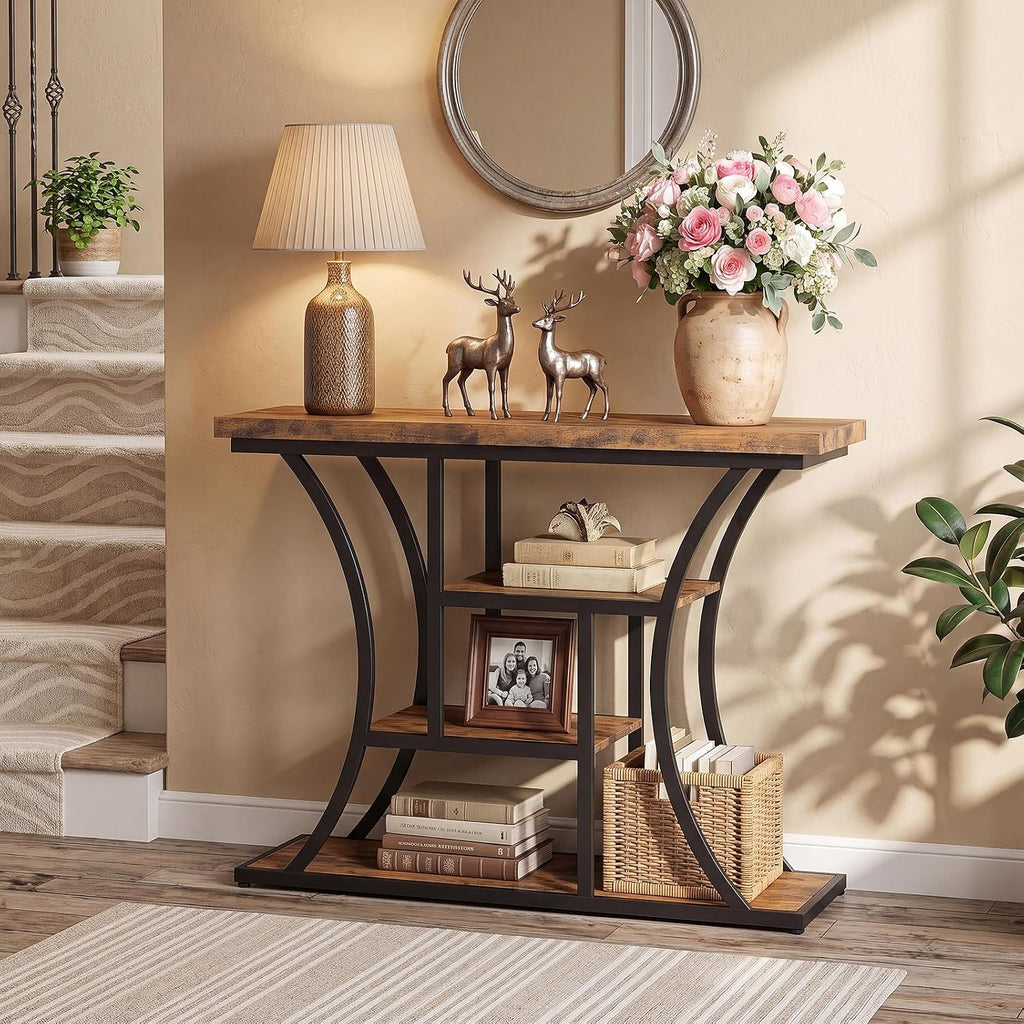 41.3" Industrial 4 - Tier Console Table with Curved Metal Frame, Narrow Long Sofa Table & Entryway Table with Storage Shelves for Living Room, Accent Table for Hallway Furniture Foyer