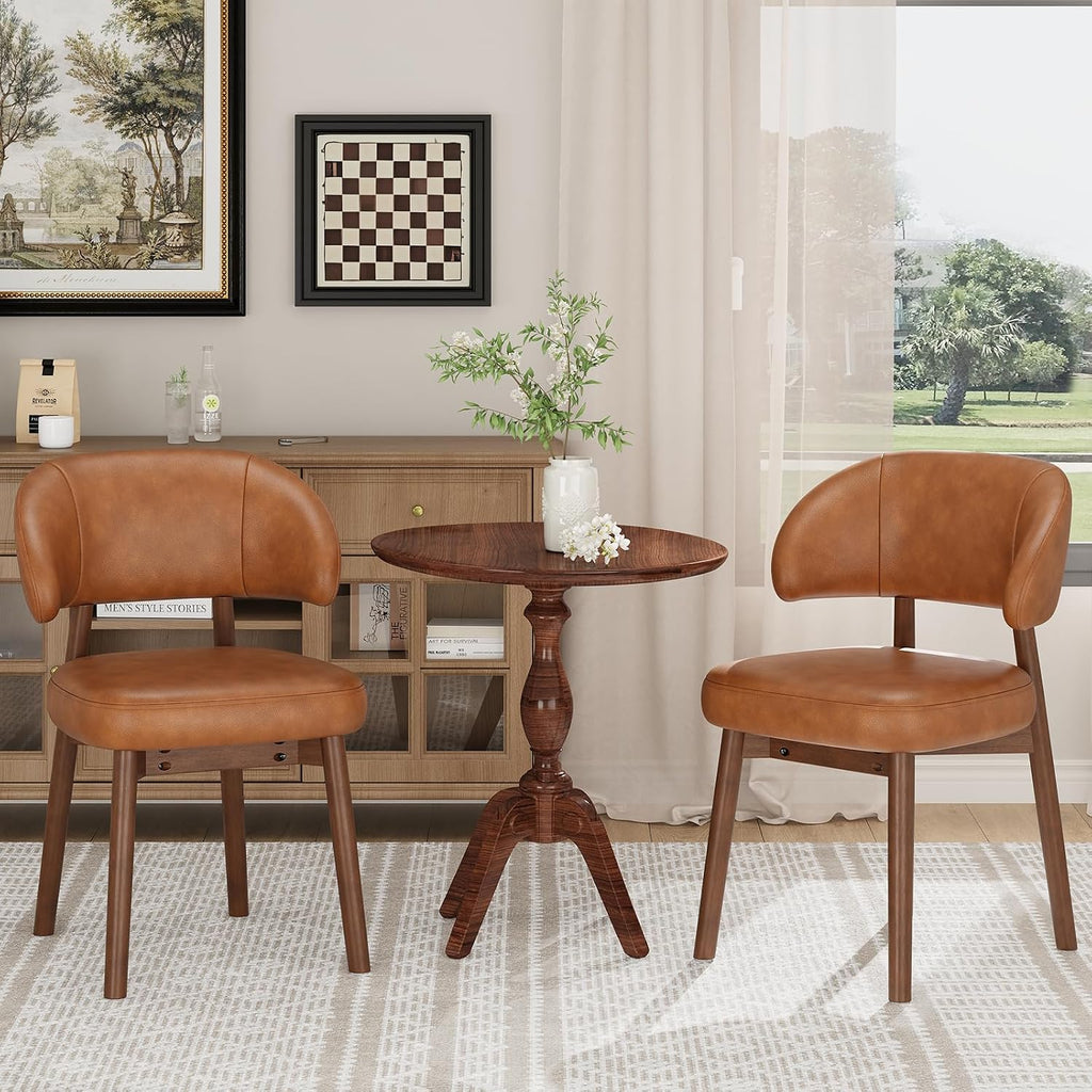 MALOL Wooden Dining Chairs Set of 2, Modern Upholstered Dining Room Chair, PU Leather Kitchen Side Chairs with Curved Open Back for Living Room/Restaurant/Cafe, Brown