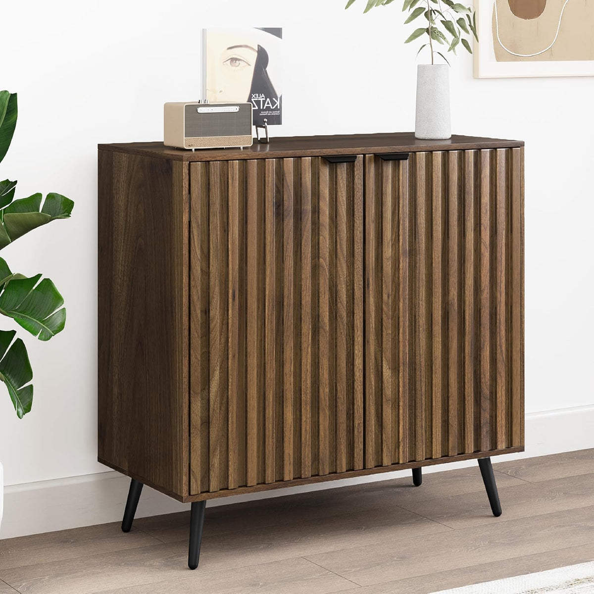 Smuxee Fluted Sideboard Cabinet, Freestanding Walnut Buffet Cabinet with Adjustable Shelf, Wood Storage Cabinet for Living Room, Entryway, Hallway