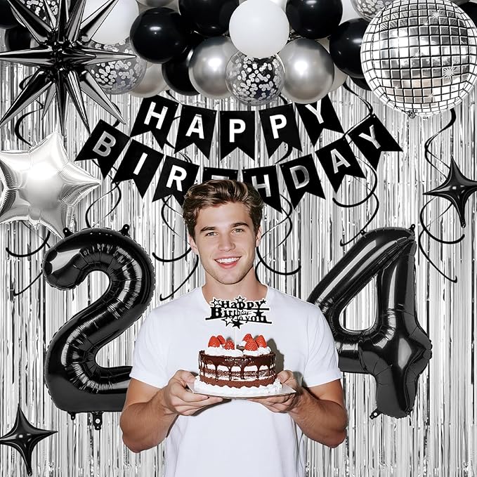 24th Birthday Decorations for Men Women, Black Silver Happy Birthday Party Decorations， 24 Year Old Party Supplies with Number 24 Balloons, Banner, Fringe Curtains Kit