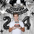 24th Birthday Decorations for Men Women, Black Silver Happy Birthday Party Decorations， 24 Year Old Party Supplies with Number 24 Balloons, Banner, Fringe Curtains Kit