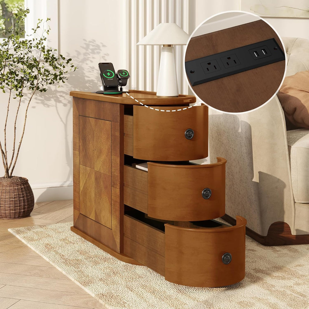 Narrow End Table with Charging Station, Wood Side Table with Drawers for Small Spaces, 3-Drawer Nightstand with Storage, Slim Bedside Cabinet for Living Room/Bedroom/Corner, Fully Assembled, Walnut