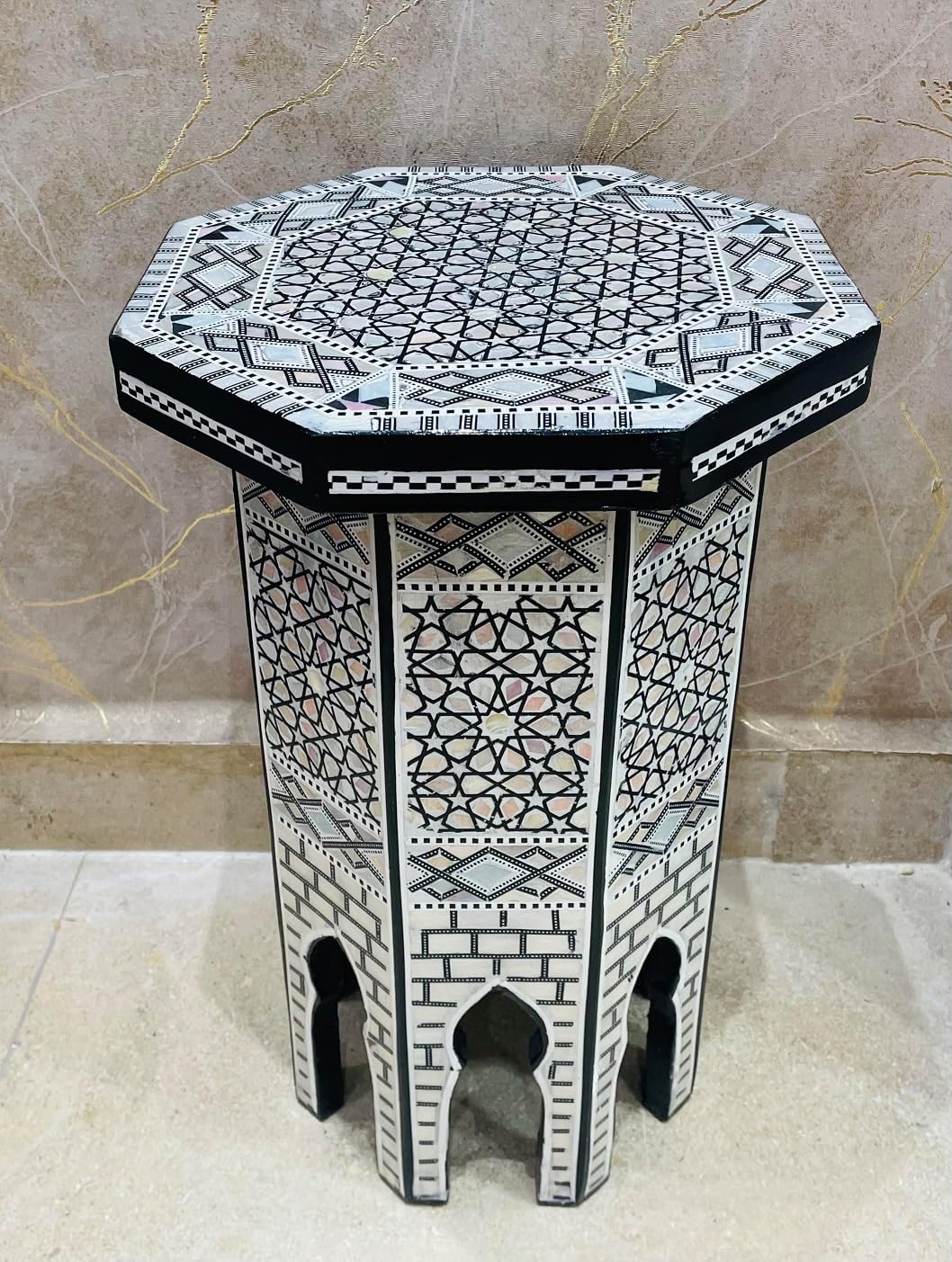 Morrocan Table Design Mother of Pearl Inlaid,Arabic Side Corner cofee Table for Living Room (Classic B)