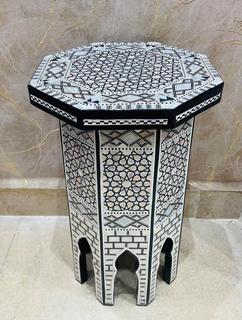 Morrocan Table Design Mother of Pearl Inlaid,Arabic Side Corner cofee Table for Living Room (Classic A)