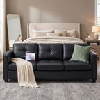 TYBOATLE 88'' Black Faux Leather Couch with USB, 3-Seater | Faux Leather Sofa for Living Room, Mid-Century Modern, Tufted Design, Wider Arms, Side Pockets, Office, Apartment, Bedroom