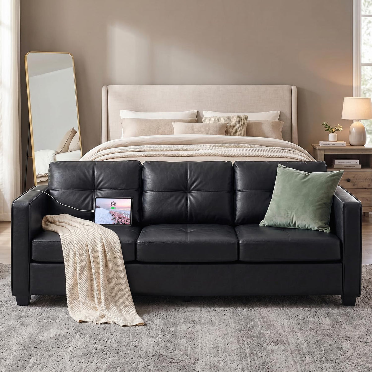 TYBOATLE 88'' Black Faux Leather Couch with USB, 3-Seater | Faux Leather Sofa for Living Room, Mid-Century Modern, Tufted Design, Wider Arms, Side Pockets, Office, Apartment, Bedroom