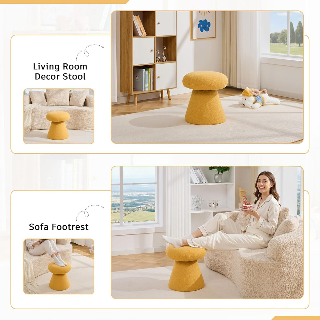 FOXHUNTER Mushroom Ottoman Foot Rest Pouf Ottoman with 360° Rotation, Footstool for Makeup Room Living Room Bedroom Entrance(Yellow, Teddy)