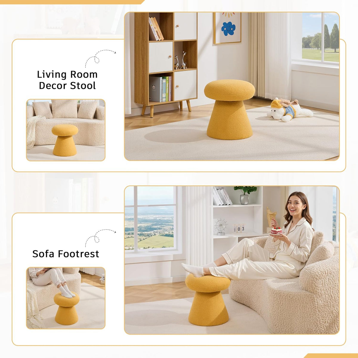 FOXHUNTER Mushroom Ottoman Foot Rest Pouf Ottoman with 360° Rotation, Footstool for Makeup Room Living Room Bedroom Entrance(Yellow, Teddy)