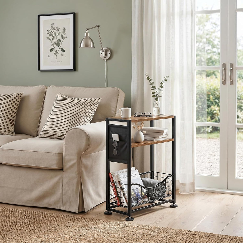 Skinny Side Table with Storage, 3 Tier Slim Side Tables for Small Spaces, Skinny End Table Narrow Bedside Table Narrow Side Table for Living Room, Bedroom