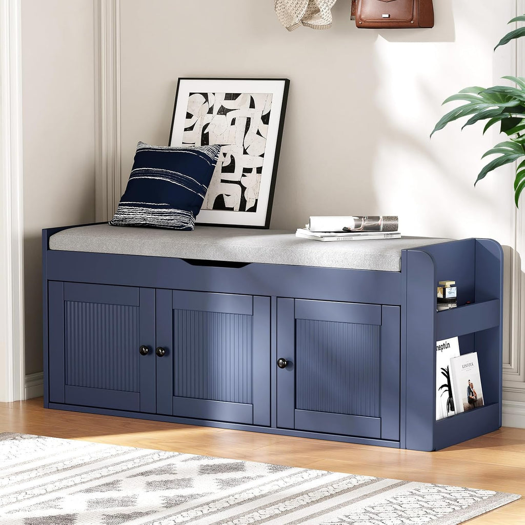 42.6" Storage Bench - Shoe Storage Bench with Side Storage Shelves and 3 Doors, Multifunctional Entryway Bench with Lift Top Cushion, Shoe Bench for Bedroom, Living Room, Entryway, Navy Blue