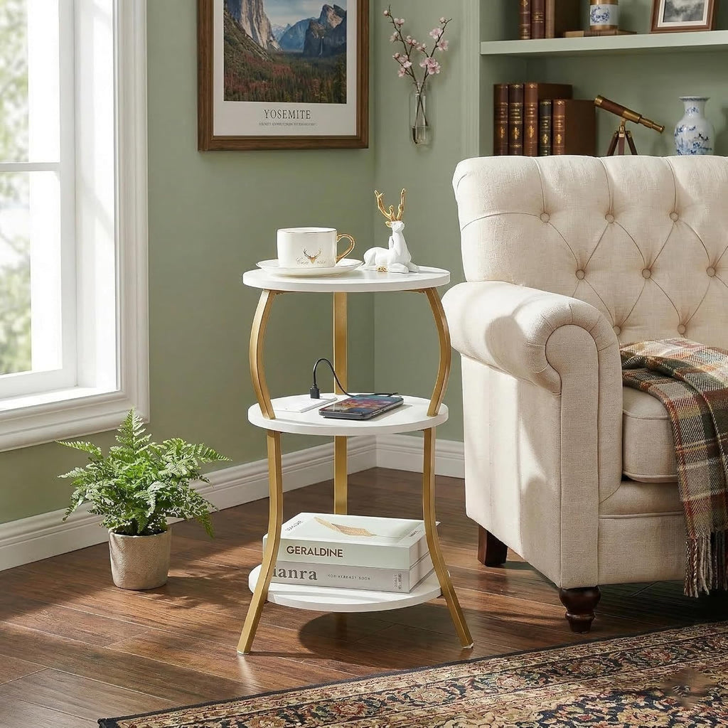 Small Round Side Table with Charging Station, 3-Tier Waist Circular End Table with Storage Shelf, Compact Tea Sofa Side Table Small Spaces, Round Corner Coffee Table for Living Room Bedroon,White+Gold