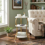 Small Round Side Table with Charging Station, 3-Tier Waist Circular End Table with Storage Shelf, Compact Tea Sofa Side Table Small Spaces, Round Corner Coffee Table for Living Room Bedroon,White+Gold