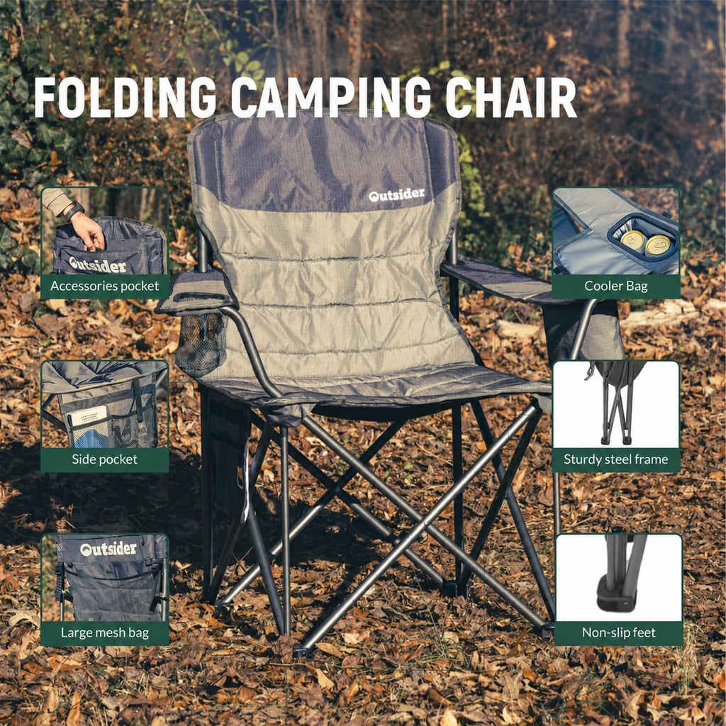 OUTSIDER Oversized Camping Folding Chair, Heavy Duty 500 LBS Portable Foldable Outdoor Chair Camp Chair with Cup Holder and Cooler Bag, Bottle Opener for Camping, Travel, Backpacking,Lawn, Patio