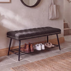 Mistpople Thick Cushioned Shoe Bench, Entryway Bench with Metal Shoe Rack, Upholstered Tufted Ottoman Bench for Bedroom, End of Bed Bench, Farmhouse Style Storage Bench for Hallway, Living Room