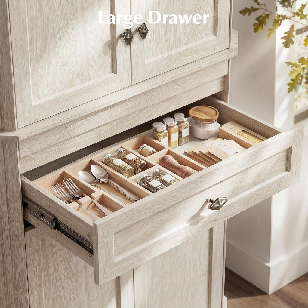 72.2" Tall Kitchen Pantry Cabinet with Doors, Farmhouse Storage Cabinet with Charging Station & LED Light, Drawer, Adjustable Shelves and Pull-Out Shelves, White Wood Pantry Cupboard for Dining Room