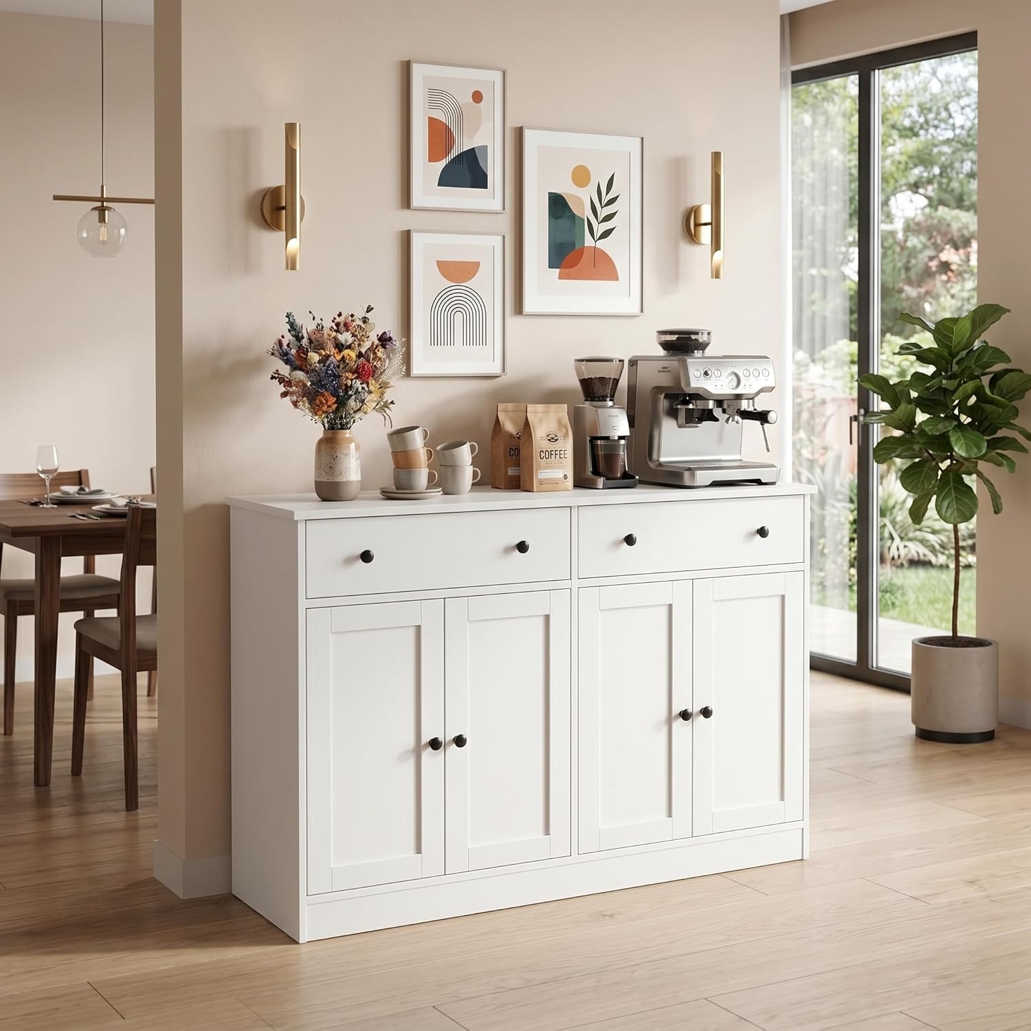 holzart 49" White Buffet Cabinet with Doors & Drawers, Modern Kitchen Storage Sideboard, Coffee Bar Console Table for Dining Room, Living Room, Entryway