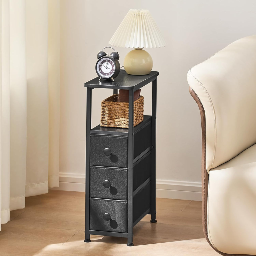 DALEMHOME End Table, Narrow Side Table with 3 Fabric Drawers, Slim Nightstand, Small Bedside Table with Storage, Living Room, Bedroom, Black HKET1300BK