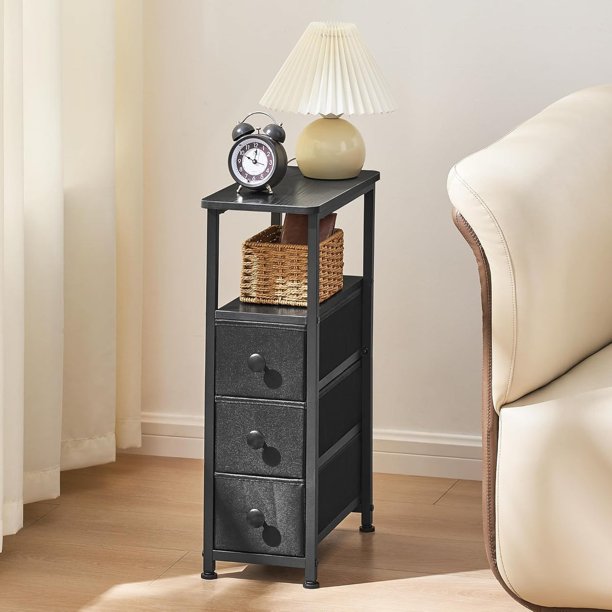DALEMHOME End Table, Narrow Side Table with 3 Fabric Drawers, Slim Nightstand, Small Bedside Table with Storage, Living Room, Bedroom, Black HKET1300BK