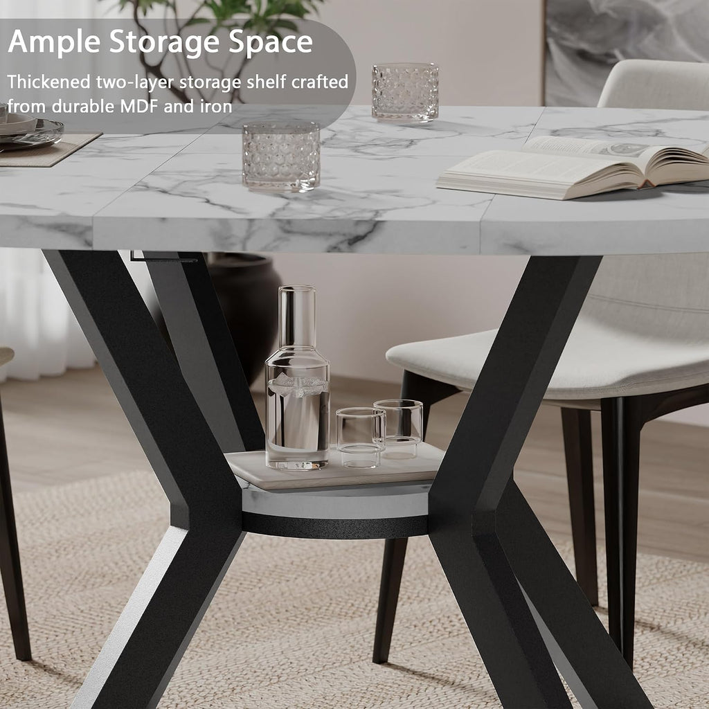 42"-58" Round Extendable Dining Table for 4-6, Kitchen Oval Table with Hidden Leaves & Storage Shelf, Space Saving Modern Design with Sturdy Metal Legs for Kitchen, Dining Room & Small Apartments