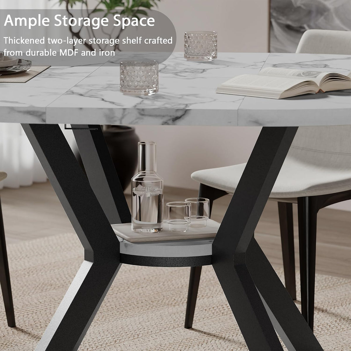 42"-58" Round Extendable Dining Table for 4-6, Kitchen Oval Table with Hidden Leaves & Storage Shelf, Space Saving Modern Design with Sturdy Metal Legs for Kitchen, Dining Room & Small Apartments