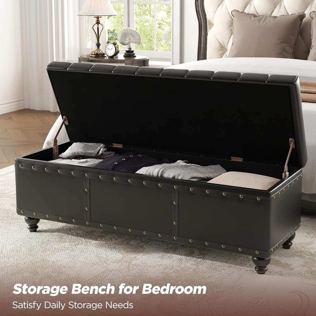 Maupvit Storage Ottoman Bench, Faux Leather Ottoman with Storage, Bench for Bedroom end of Bed, Upholstered Storage Benches for Living Room, Entryway, Hallway, Foot Rest, Black