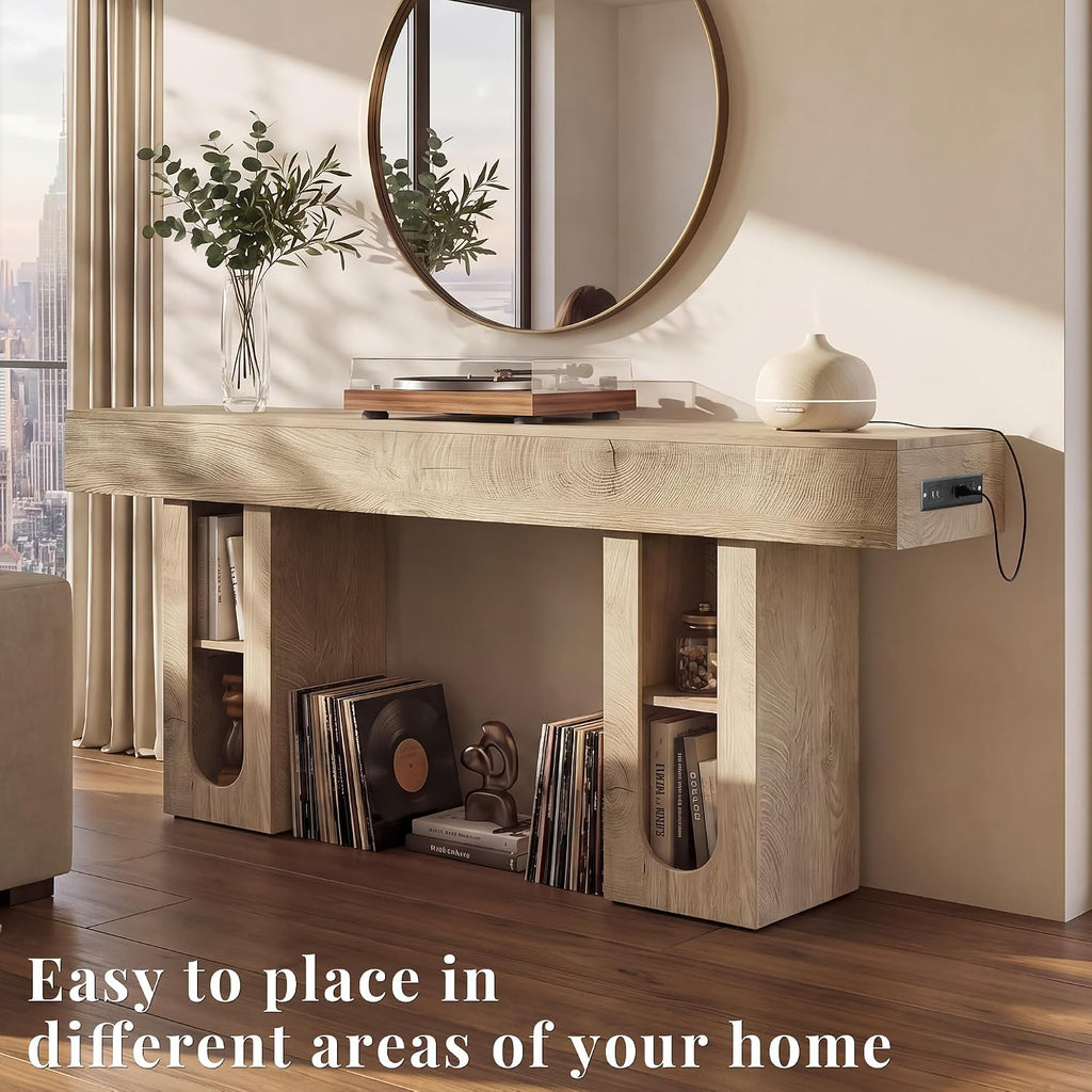 63 Inch Entryway Console Table with Power Outlets & Storage, Oak | Wooden Behind Couch Table, Farmhouse, Adjustable Shelves, 300LB Load, 5.9" Thick Top, MDF, Anti-Tip, Zero Wobble, Entrance