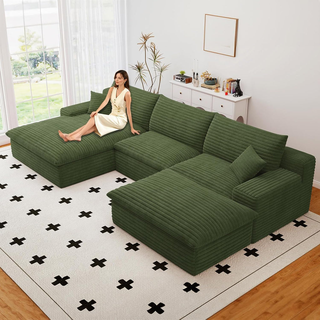 107" Cloud Couch Modular Sectional Sofa for Living Room, U-Shape Couch with Deep Seat, Modern Corduroy 3-Seater with Ottoman, No Assembly Required (Green,Left-Facing Chaise)