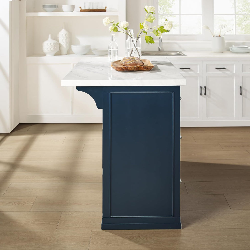 Crosley Furniture Cutler Faux Marble Top Kitchen Island with Storage, Breakfast Bar, Microwave Stand, Navy