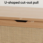 LIKIMIO 47.2" Rattan Storage Ottoman Bench Chest, Rustic Wood | Vintage brown rattan and wood frame; 330 lb support and 47.2 x 15.8 x 17.7 in size.