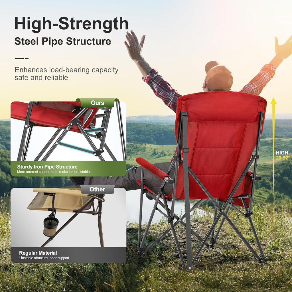 LET'S CAMP Oversized 29.52" High Back Camping Chairs Heavy Duty Lawn Chair Support 500LBS, Collapsible Chair with Cup Holder, Side Pocket,2 Pack(Red)