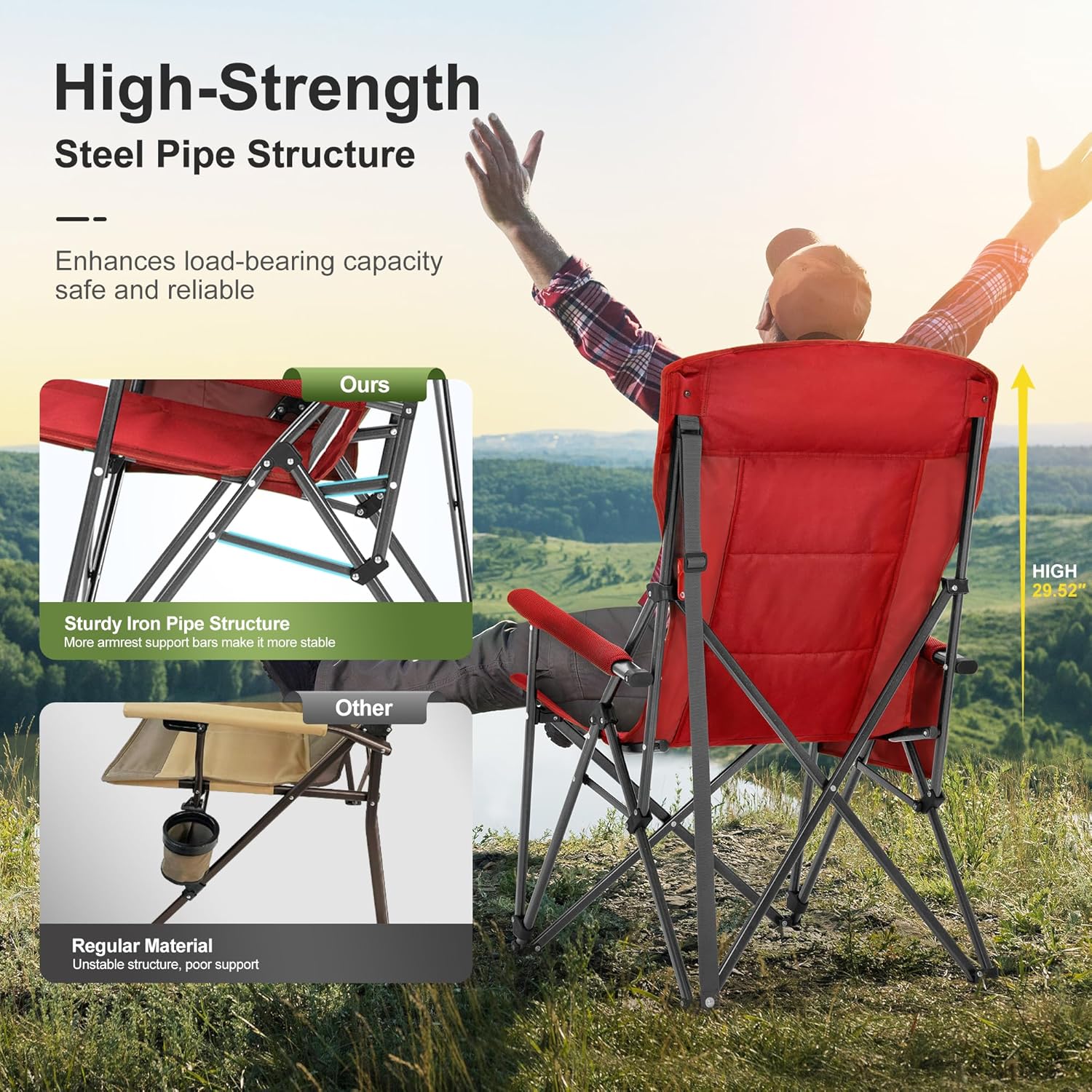 LET'S CAMP Oversized 29.52" High Back Camping Chairs Heavy Duty Lawn Chair Support 500LBS, Collapsible Chair with Cup Holder, Side Pocket,2 Pack(Red)