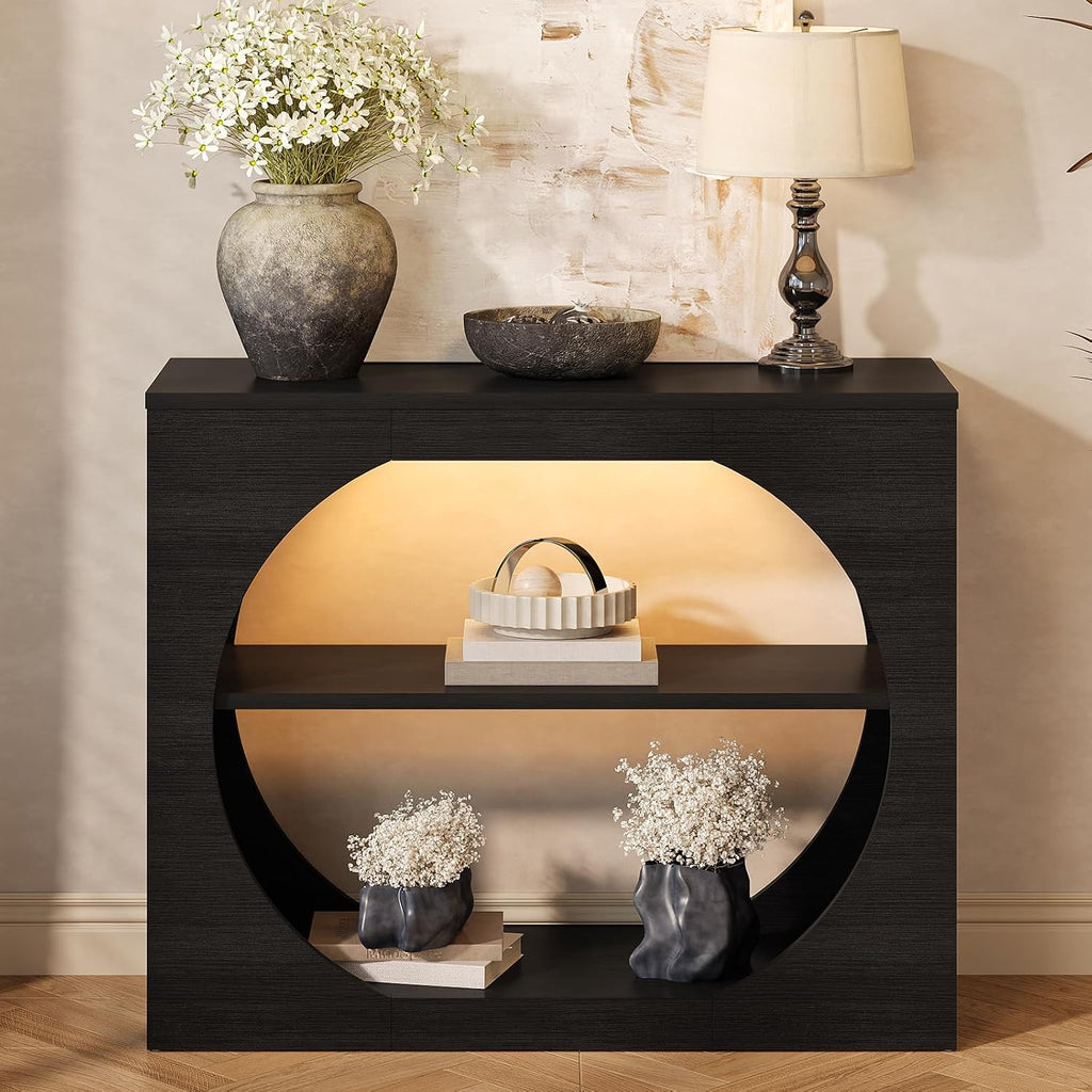 Entryway Table, 39'' Black Console Table with LED Light 3-Tier Modern Wood Accent Console Tables for Entryway, Living Room, Foyer, Hallway, Entry