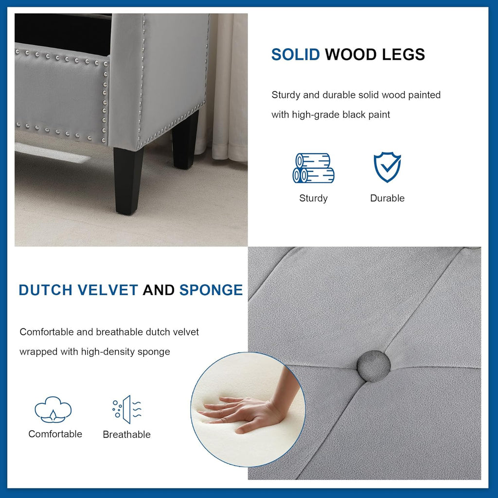 Storage Ottoman Bench, Velvet Upholstered Footstool for Bedroom and Living Room, Tufted Seat with Storage, Wooden Legs & Metal Rivets, Grey