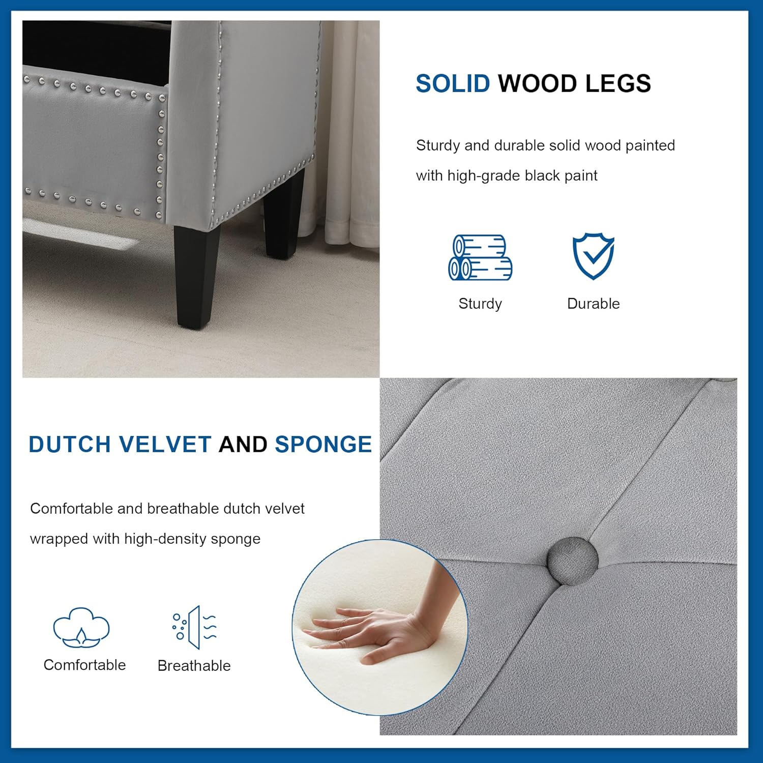 Storage Ottoman Bench, Velvet Upholstered Footstool for Bedroom and Living Room, Tufted Seat with Storage, Wooden Legs & Metal Rivets, Grey