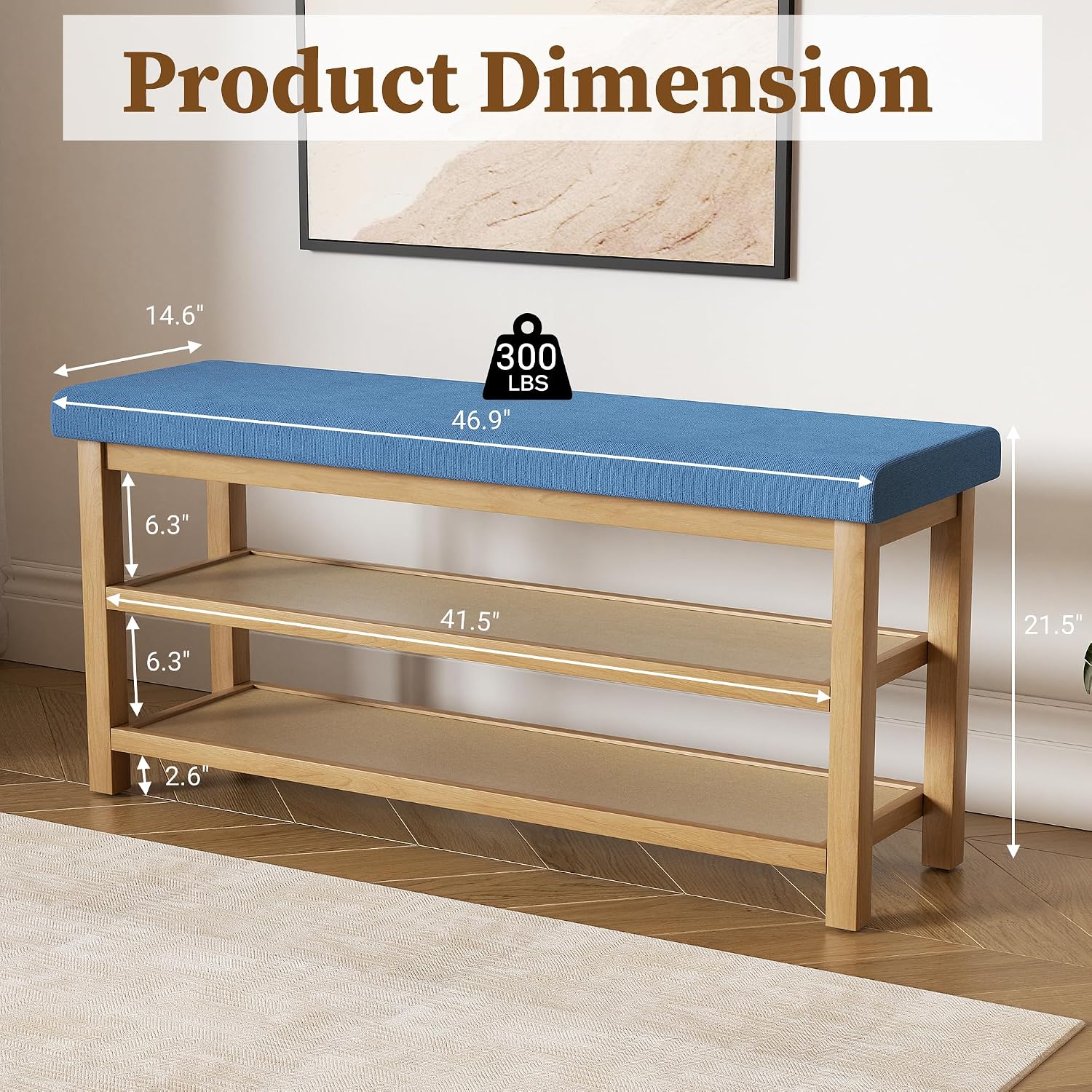 2 Tier Shoe Rack Bench with Cushion, Rubberwood Shoe Benches, Mid-Century Modern Shoe Storage Bench for Entryway, Hallway, Living Room, Closet, Front Door Entrance, Blue