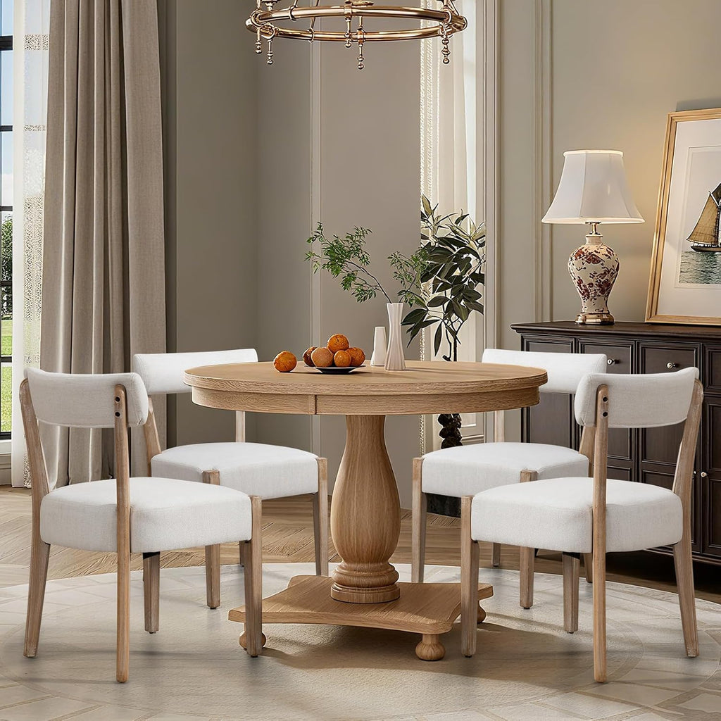 ZJhome Dining Chairs Set of 4, Mid-Century Modern Wooden Kitchen Chairs with Linen Upholstery - Low-Back Woven Design for Kitchen & Dining Room, Beige Fabric