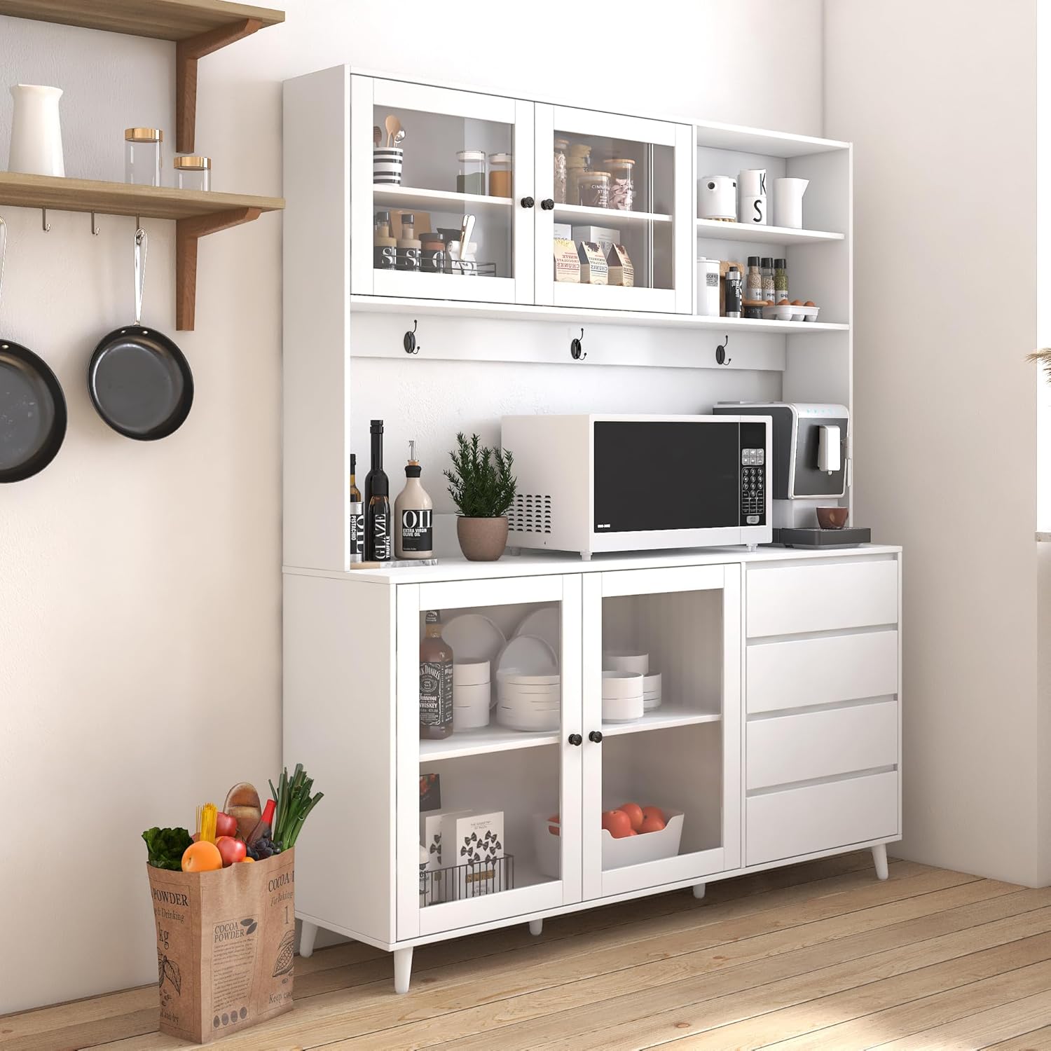 Large Freestanding Hutch Cabinet, Tall Pantry Storage with 4 Doors, 4 Drawers and Microwave Shelf, White Standing Kitchen Cupboard for Dining Room and Kitchen Organization (White)