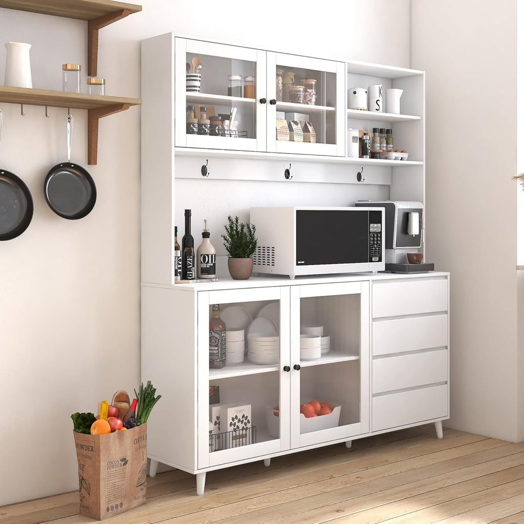 63" W Large Kitchen Hutch Cabinet, Freestanding Pantry Cupboard with 4 Doors, 4 Drawers & Microwave Shelf,for Kitchen Dining Room Bedroom (White#L)
